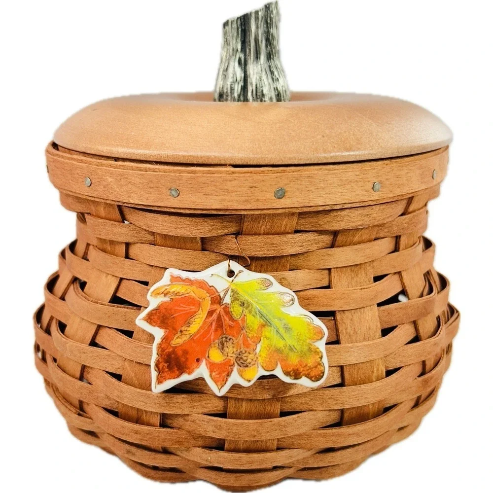 Longaberger Small CINNAMON FALL GOURD Basket w/ Lid Liner Tie-on Protector Flyer